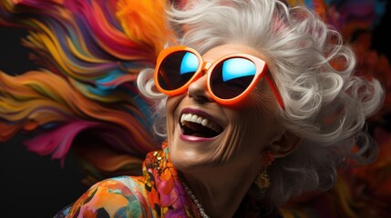 Joyful senior woman with vibrant makeup and oversized sunglasses.