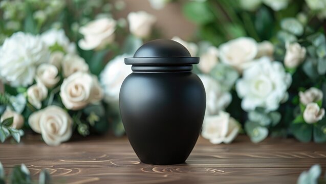 Black urn with ashes among beautiful white roses. Farewell ceremony.