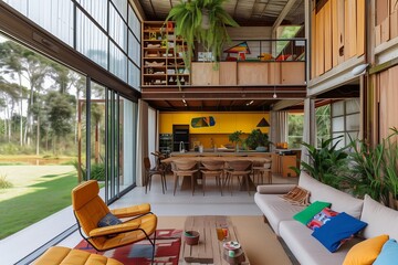A Brazilian farmhouse redefined by AI, featuring sustainable tech and vibrant retro-futuristic accents. - obrazy, fototapety, plakaty