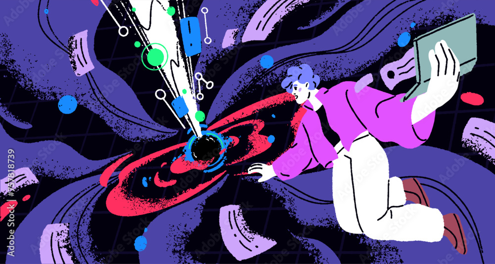 Poster Neural network, virtual reality, deep learning concept. Person work with artificial intelligence in VR, programming AI. Human and information technology, digital world. Flat vector illustration