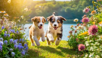 A heartwarming moment of playful puppies chasing each other in a sunlit garden near a lake