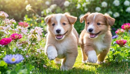 A heartwarming moment of playful puppies chasing each other in a sunlit garden