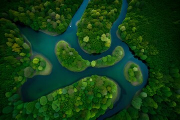 Top-down image of a flowing river cutting through thick foliage.