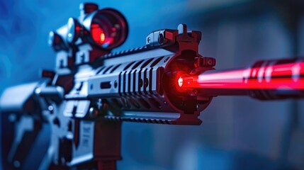 Futuristic laser rifle with red beam aiming in blue haze.