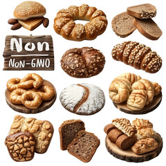 A collage of assorted baked goods, including breads, muffins and crackers, with a "Non-GMO" sign.
Concept: naturalness and organicity of healthy food products, organic and bakery products.