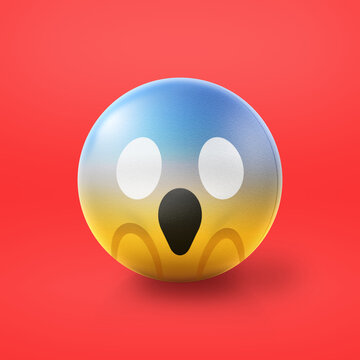 Scared screaming Emoji stress ball on shiny floor. Shocked 3D emoticon isolated.