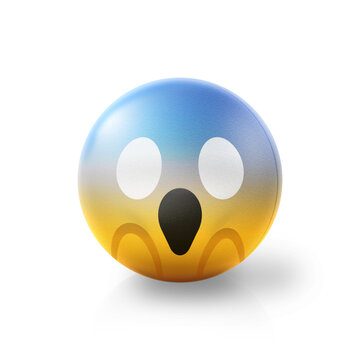 Scared screaming Emoji stress ball on shiny floor. Shocked 3D emoticon isolated.
