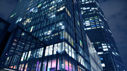 Office building at night, building facade with glass and lights. View with illuminated modern skyscraper. - 757819338