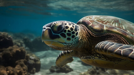 Fototapeta premium Close-up of a Turtle swimming underwater