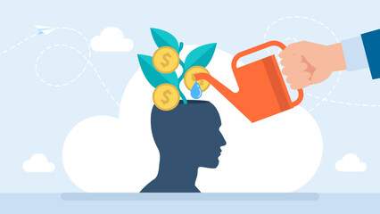 Businessman watering plant with money from human head. Financial mindset for investor to growing profit, rich mindset or knowledge to grow business, psychology investment concept. Vector illustration