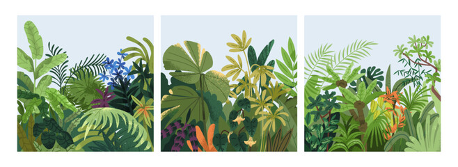 Green botanical cards set. Spring greenery, tropical nature, leaves, summer flowers, lush plants, eco square postcards. Floral backgrounds, thickets, garden, vegetation. Flat vector illustrations - obrazy, fototapety, plakaty