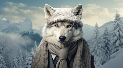 Imagine a dapper wolf in a cashmere sweater, complete with a plaid scarf and leather boots. Amidst a backdrop of snowy forests, it exudes winter chic and wilderness sophistication. Mood: cozy and styl - obrazy, fototapety, plakaty