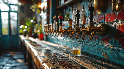 Counter of old rural pub with many beer taps. - obrazy, fototapety, plakaty