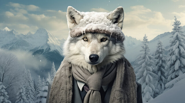 Imagine a dapper wolf in a cashmere sweater, complete with a plaid scarf and leather boots. Amidst a backdrop of snowy forests, it exudes winter chic and wilderness sophistication. Mood: cozy and styl