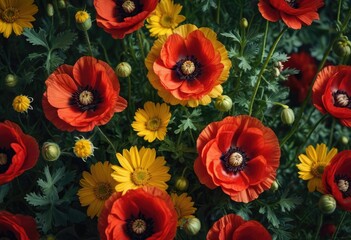 Fototapeta premium Illustration of assorted flowers including red poppies and yellow daisies, intertwined with green leaves