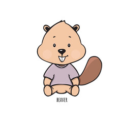 cute beaver sitting on white background vector children's illustration