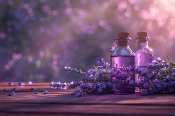 Lavender and Oil Bottles on Purple Background