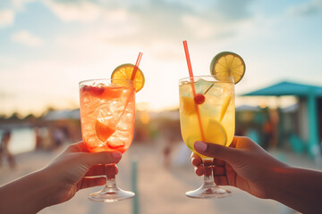 Hand holding orange juice glass on blur beach background.