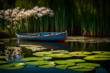A peaceful riverbank with a rowboat anchored among water lilies