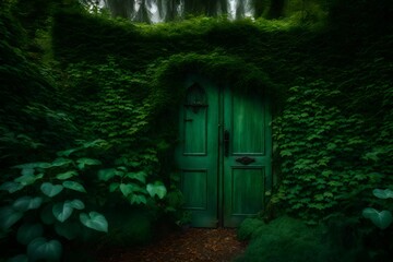 Fototapeta na wymiar A hidden entryway in an overgrown garden shrouded with ivy.