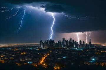 A dramatic lightning storm over a silhouetted city skyline 