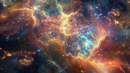 Fototapeten Dramatic cosmic landscape with glowing nebulae and planets. © Julia Jones