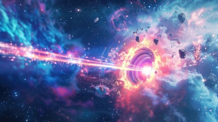 Spaceship engaging in an interstellar battle with dynamic laser beams in a nebula setting