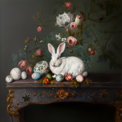 Baroque Painting of an Easter Bunny with Painted Eggs