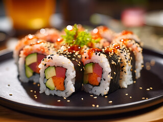 Close up of vegetarian sushi rolls on a plate, blurry background