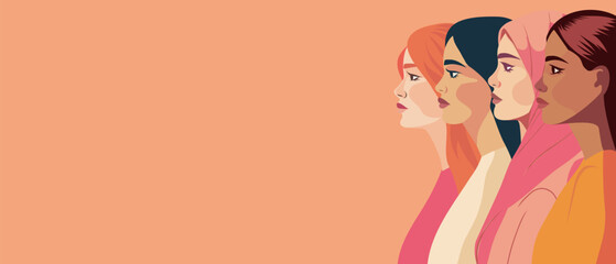  Vector banner space for text. Strong women from different cultures stand shoulder to shoulder. Vector concept of feminism, gender equality, women empowerment advocacy