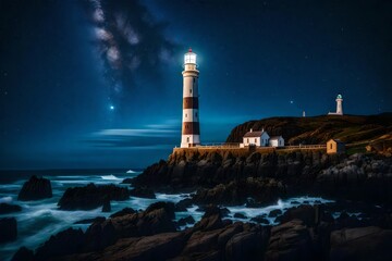 A magnificent lighthouse at the edge of a rocky coastline on a starry night. 