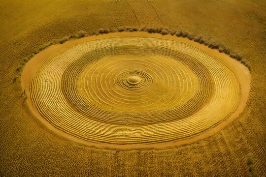 A top-down perspective of a bizarre crop circle in a golden wheat field. 