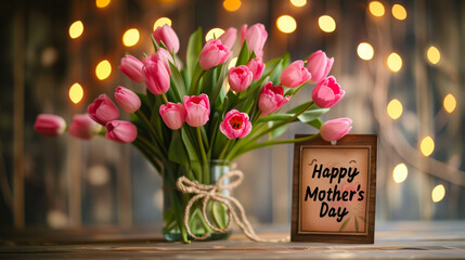 Happy Mother's Day inscription on a card near a vase with colorful flowers.