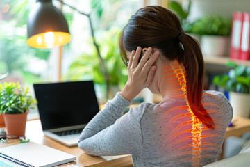Woman freelancer has neck and back pain symptom at workplace working on a laptop. Feeling tired, headache and experiencing office syndrome. Sedentary lifestyle problem concept.