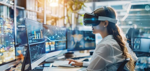 Woman in VR glasses using data visualization technology in the virtual reality - VR headset, big data, cyberspace
