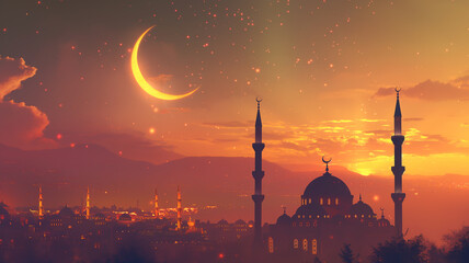 A silhouette of a mosque set against a stunning sunset sky, a serene Islamic Ramadan backdrop