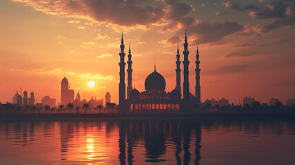 A silhouette of a mosque against a beautiful sunset sky, a serene islamic ramadan background