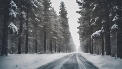 Obraz premium Wide shot of a road fully covered by snow with pine trees on both sides