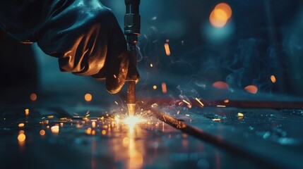 Industrial worker working with arc welding machine to weld steel in factory - Powered by Adobe