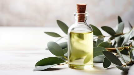 A bottle of eucalyptus essential oil, twigs of plants on a light background, a place for text.