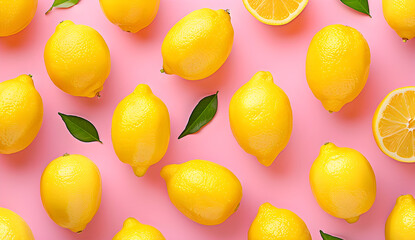 Vibrant yellow lemon pattern on a pink background, perfect for adding a touch of summer and tropical vibe to the kitchen decor or as a refreshing and aesthetic wallpaper.
