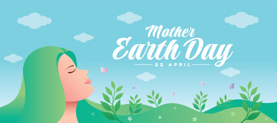 Mother earth day - head of mother woman long green hair with plant leaf and flower and sky vector design