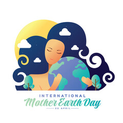 International mother earth day - abstract mother woman long curve hair hold hug earth with trees and night sky around vector design