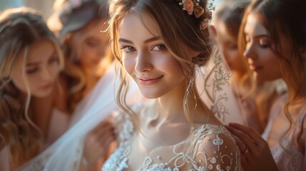 Fototapeta premium Bride with flower crown in detailed embroidered dress.