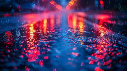 Night view of the city and rays of light reflecting on wet asphalt. Abstract dark blue background and rays of light falling on wet asphalt.