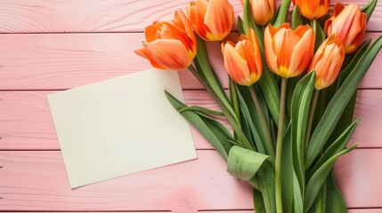 Orange tulips with blank white card on yellow wooden background.