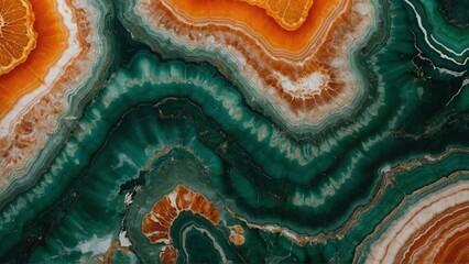 Green agate marble with orange ripples, trendy backdrop for wallpapers, posters and websites modern...