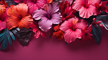 Hibiscus Flowers Against Monochrome Surface in Tropical Hues