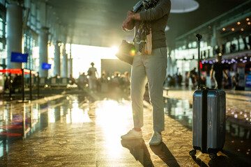 A woman with a suitcase in the airport.
