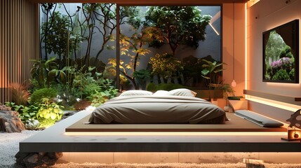 Island Bed Adorned with Plants in Modern Nature-Inspired Bedroom